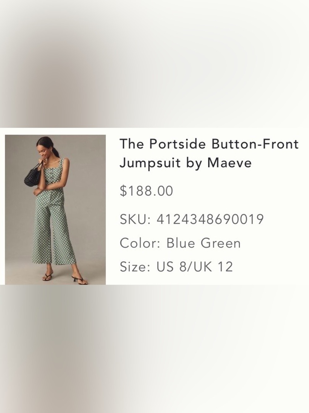 Anthropology The Portside Button-Front
Jumpsuit by Maeve Blue Green Size US 8 - Picture 2 of 5